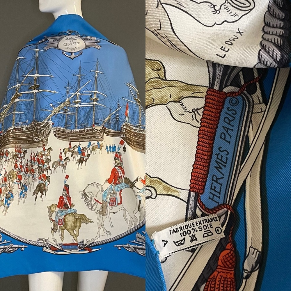 Hermes Blue and White Scarf with Red Accents